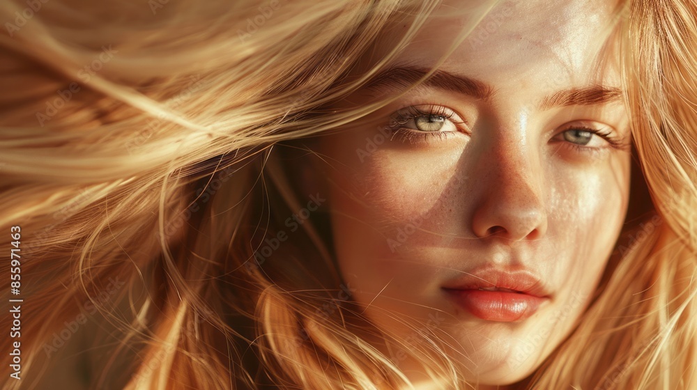 Close-up of the face of a girl with light brown hair. The concept of improving the appearance of hair, revealing femininity and attractiveness, and developing the hairdressing business. Close-up of the face of a girl with light brown hair. The concept of improving the appearance of hair, revealing femininity and attractiveness, and developing the hairdressing business.