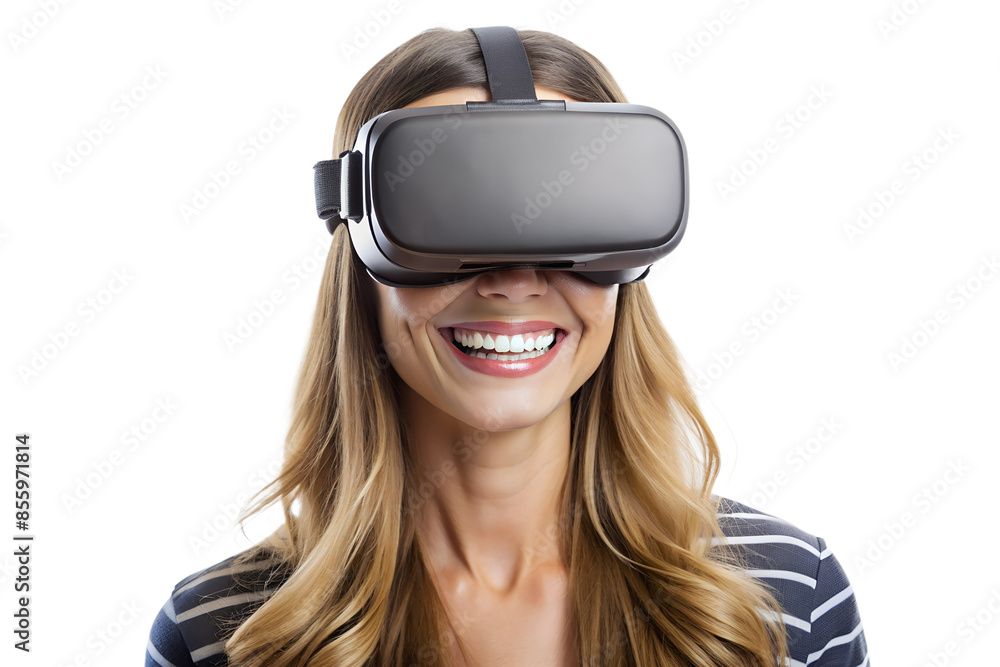 Smiling woman with a virtual reality headset
isolated on a transparent background Smiling woman with a virtual reality headset
isolated on a transparent background