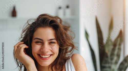 Joyous woman with tousled hair and a bright smile sitting comfortably indoors with plants photo