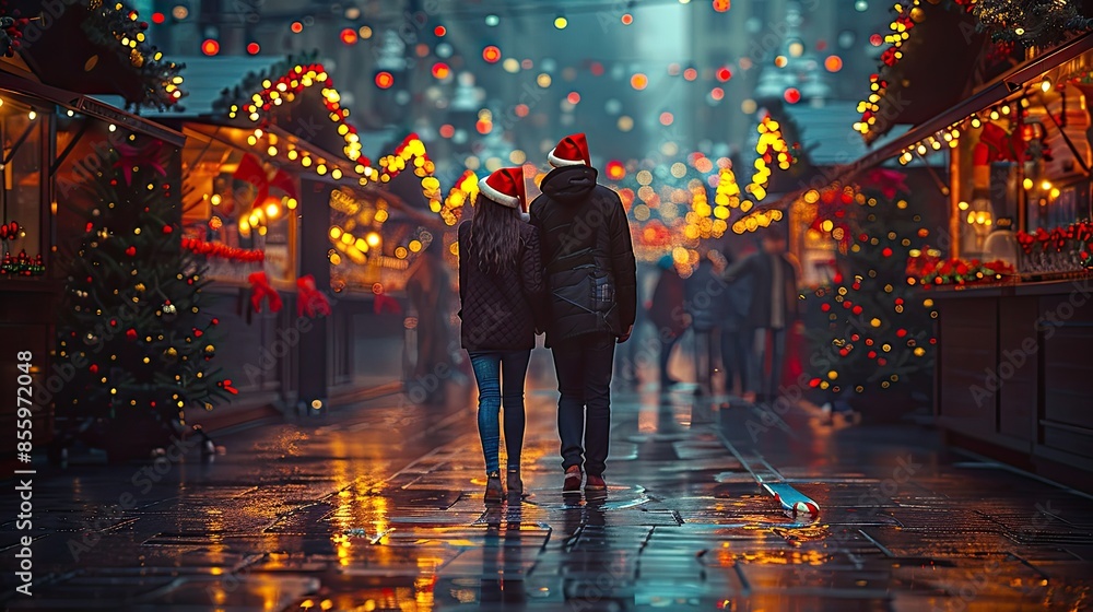 A young couple wears red Santa hat walking in Christmas market decorated with holiday lights in the evening. Feeling happy in big city, generative ai A young couple wears red Santa hat walking in Christmas market decorated with holiday lights in the evening. Feeling happy in big city, generative ai