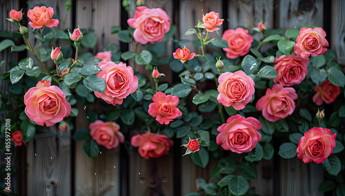 A painting of many roses growing on the wall, with sunlight shining through them and casting shadows on it. Created with Ai