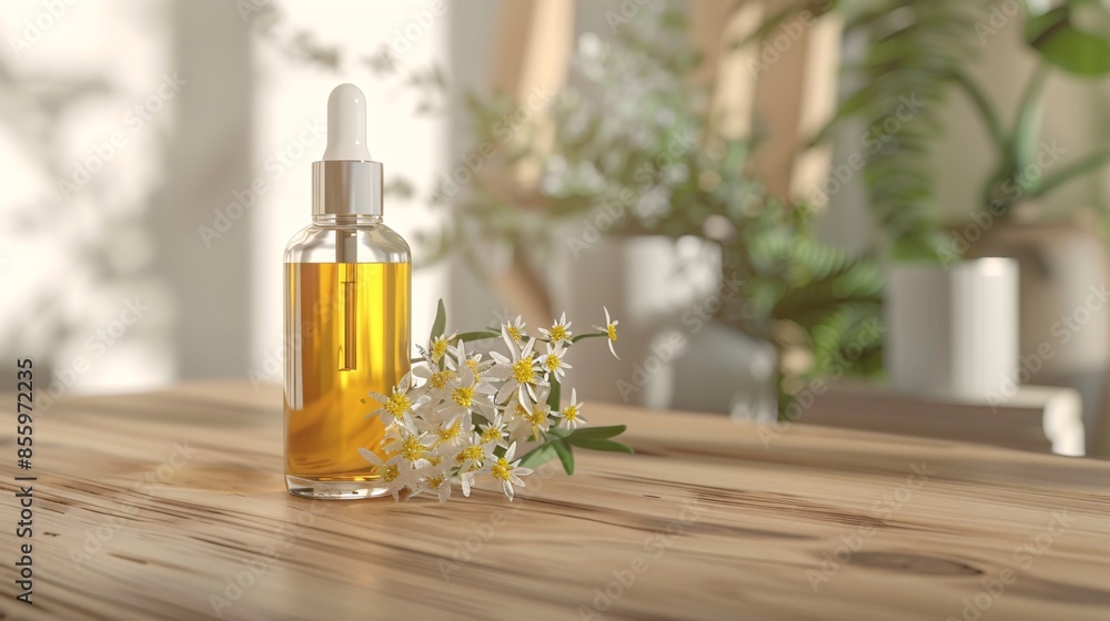 Beauty product presentation with a mock-up of a facial oil bottle on a wooden table Beauty product presentation with a mock-up of a facial oil bottle on a wooden table