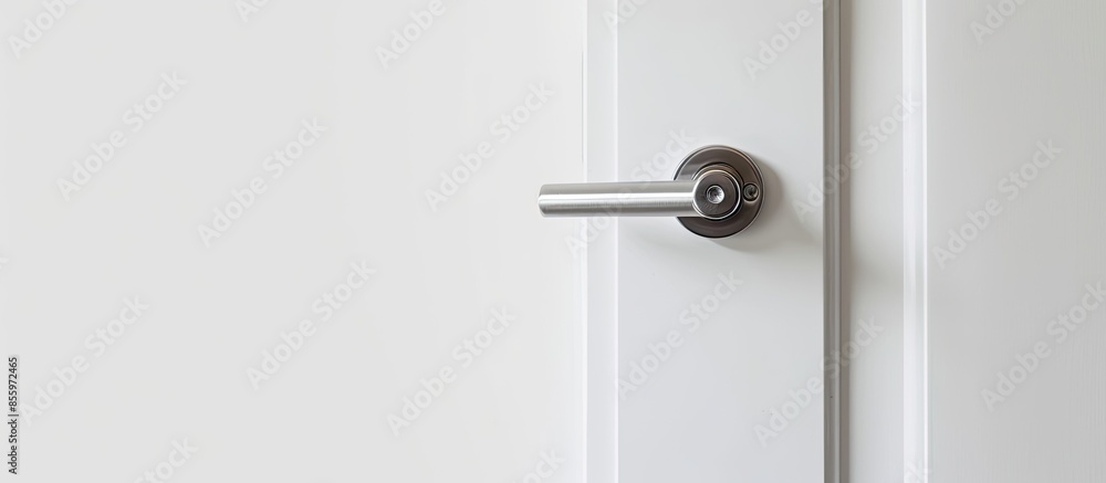 Modern style silver door handle on white door. Copy space image. Place for adding text and design Modern style silver door handle on white door. Copy space image. Place for adding text and design
