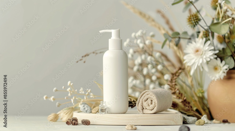 Cosmetic packaging mock-up of a body lotion bottle with natural elements as props Cosmetic packaging mock-up of a body lotion bottle with natural elements as props