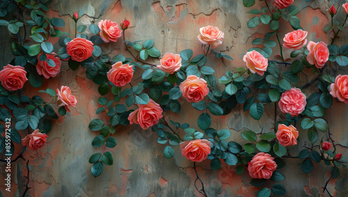 A wall of roses in full bloom, with the petals glowing under warm sunlight. Created with Ai
