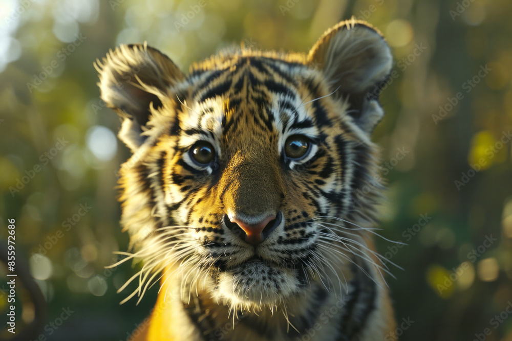 Naklejka premium Close up portrait of a Bengal tiger cub looking at the camera. The concept of studying this type of wild animal.