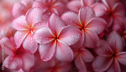  Pink plumeria flowers with dew drops on petals, close-up. Created with Ai
