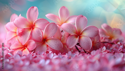 Pink plumeria flowers, close-up, with water droplets on the petals. Created with Ai
