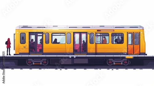 Passengers of commuter train, subway or public bus sitting and standing inside, flat vector illustration isolated on white background © Pattarin