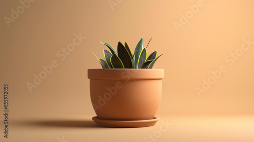 A beautiful flower pot with a green plant on a beige background. The plant has long, thin leaves with a dark green color and light green stripes. photo
