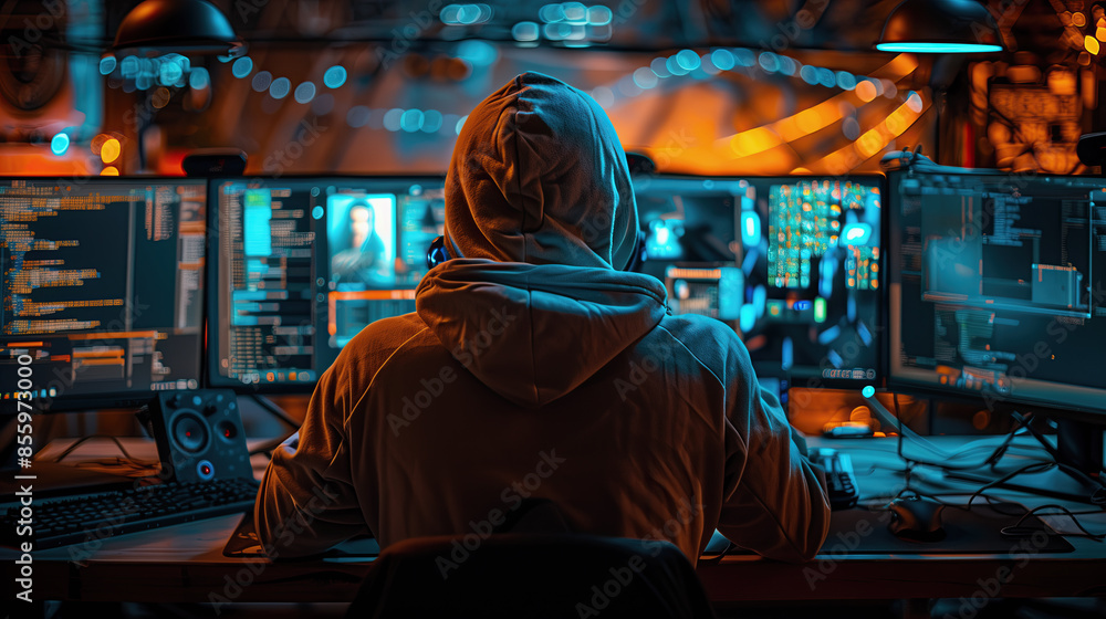 A hacker in a hoodie committing cybercrimes. Many monitors in front of him, ambient light in the room A hacker in a hoodie committing cybercrimes. Many monitors in front of him, ambient light in the room