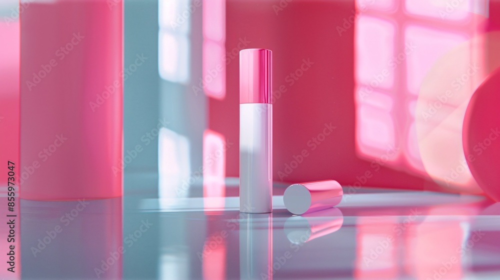 Beauty product presentation with a mock-up of a lip balm stick on a reflective surface Beauty product presentation with a mock-up of a lip balm stick on a reflective surface
