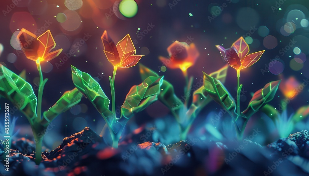 Vibrant digital art of glowing flowers with abstract light effects, creating a magical and ethereal atmosphere in a fantasy garden. Vibrant digital art of glowing flowers with abstract light effects, creating a magical and ethereal atmosphere in a fantasy garden.