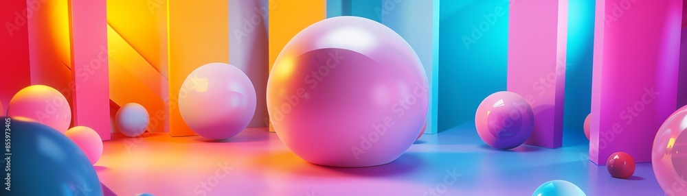Obraz premium Colorful abstract geometric background with large and small spheres and vibrant lighting in a futuristic setting.
