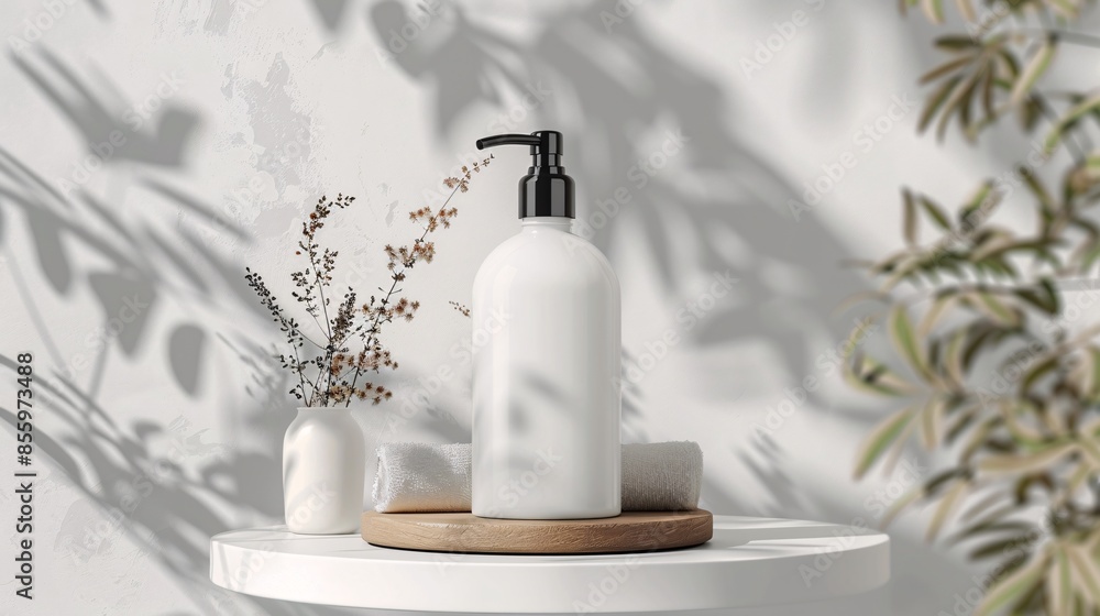 Cosmetic packaging mock-up of a body lotion bottle with natural elements as props Cosmetic packaging mock-up of a body lotion bottle with natural elements as props