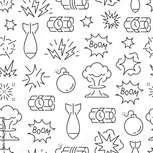 Seamless pattern with explosion and bombs. Black and white thin line icons