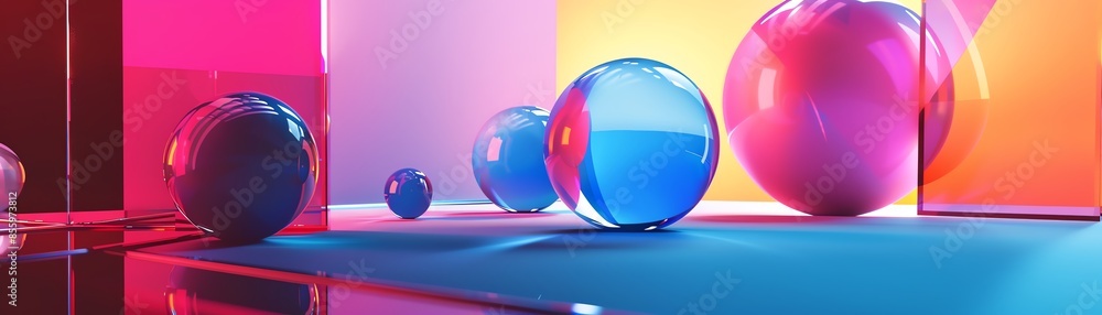 Vibrant 3D rendering of transparent spheres with bright colored lighting, creating a modern and stylish abstract art composition.