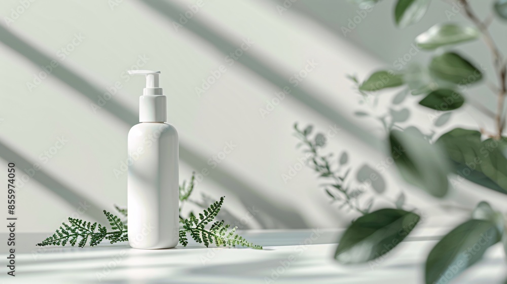 Cosmetic packaging mock-up of a body lotion bottle with natural elements as props Cosmetic packaging mock-up of a body lotion bottle with natural elements as props