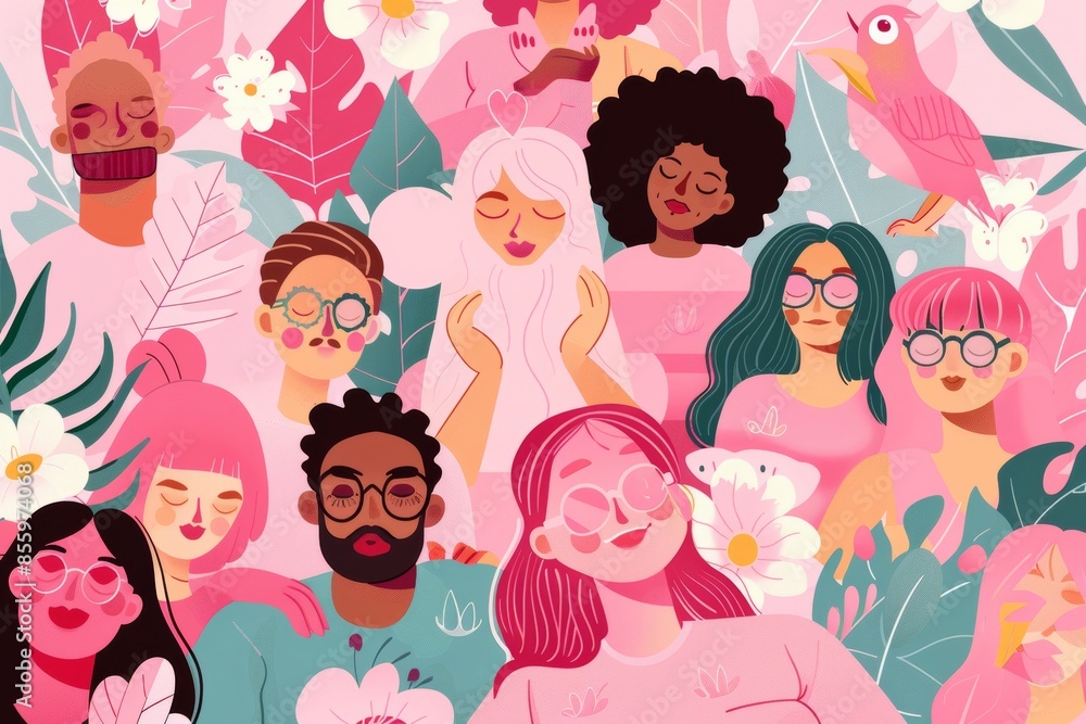 Vector art of mental health awareness campaign with diverse group of happy people and vibrant colors Vector art of mental health awareness campaign with diverse group of happy people and vibrant colors