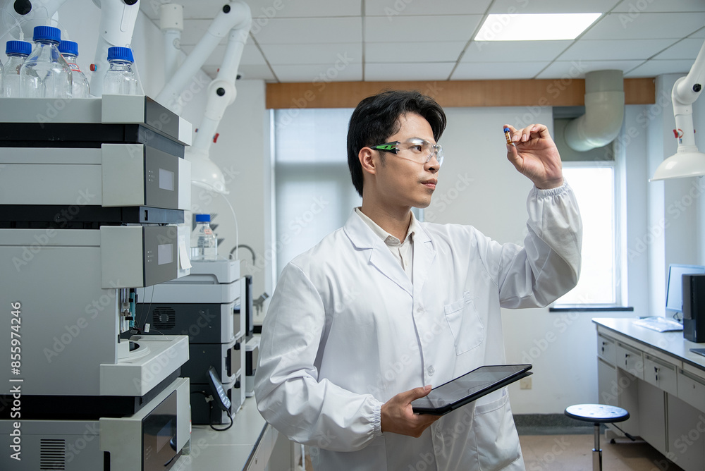 doctor with tablet looking reagent in lab doctor with tablet looking reagent in lab