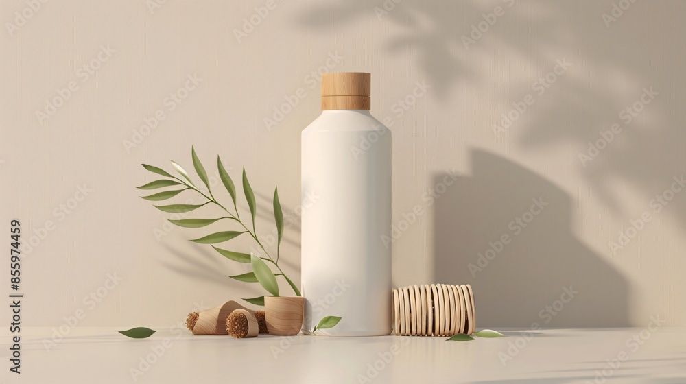 Cosmetic packaging mock-up of a body lotion bottle with natural elements as props Cosmetic packaging mock-up of a body lotion bottle with natural elements as props