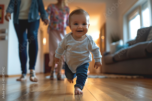 Little child takes his parents' first steps.