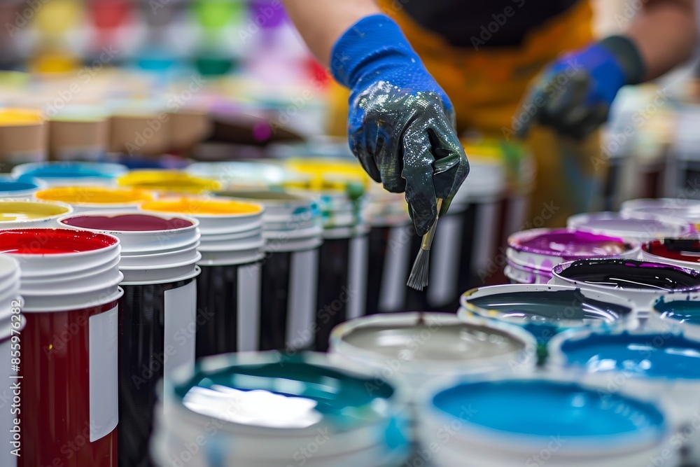 Fototapeta premium Worker Presenting Paint Products Close Up