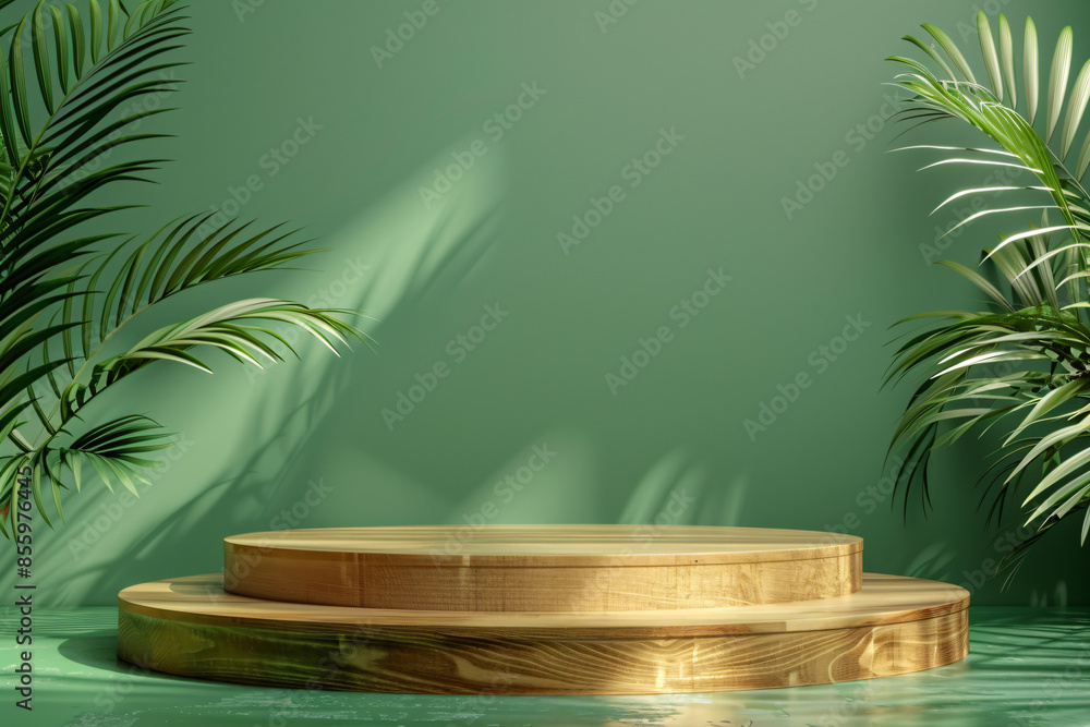 Wooden platform in a verdant, leafy environment, suitable for eco-friendly displays, tropical themes, and nature-inspired presentations for various creative projects Wooden platform in a verdant, leafy environment, suitable for eco-friendly displays, tropical themes, and nature-inspired presentations for various creative projects