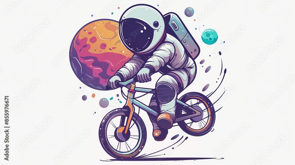 Obraz premium Adorable astronaut on a bicycle, perfect as a playful icon for people or transportation concepts. Its isolated design makes it easy to use in various digital designs.