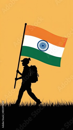 Quit India Movement Day, a Silhouette of a patriot holding the Indian flag at sunset, symbolizing national pride and freedom photo