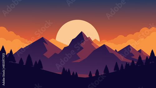 Beautiful mountain landscape, white nights, or midnight sun. Amazing polar night with mountain silhouettes