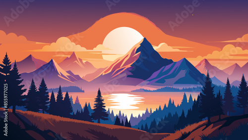 Beautiful mountain landscape, white nights, or midnight sun. Amazing polar night with mountain silhouettes
