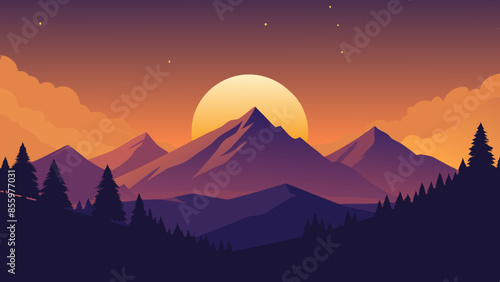 Beautiful mountain landscape, white nights, or midnight sun. Amazing polar night with mountain silhouettes