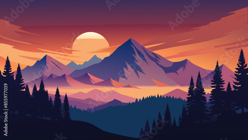 Beautiful mountain landscape, white nights, or midnight sun. Amazing polar night with mountain silhouettes