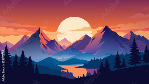 Beautiful mountain landscape, white nights, or midnight sun. Amazing polar night with mountain silhouettes