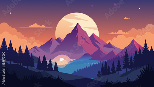 Beautiful mountain landscape, white nights, or midnight sun. Amazing polar night with mountain silhouettes