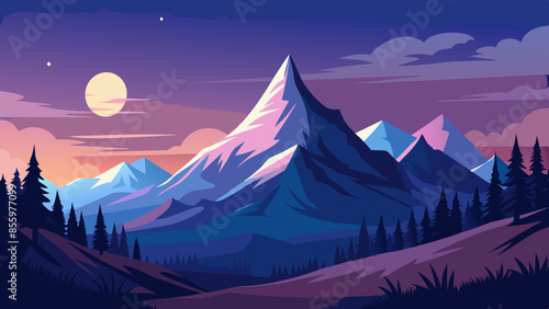 Beautiful mountain landscape, white nights, or midnight sun. Amazing polar night with mountain silhouettes