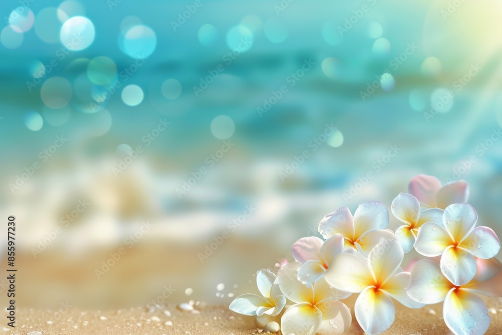 The focus area is on the sand beach and the sky is blurry with bokeh sun light on the blurry sea on a plumeria flower branch Tropical Summer time concept background The focus area is on the sand beach and the sky is blurry with bokeh sun light on the blurry sea on a plumeria flower branch Tropical Summer time concept background