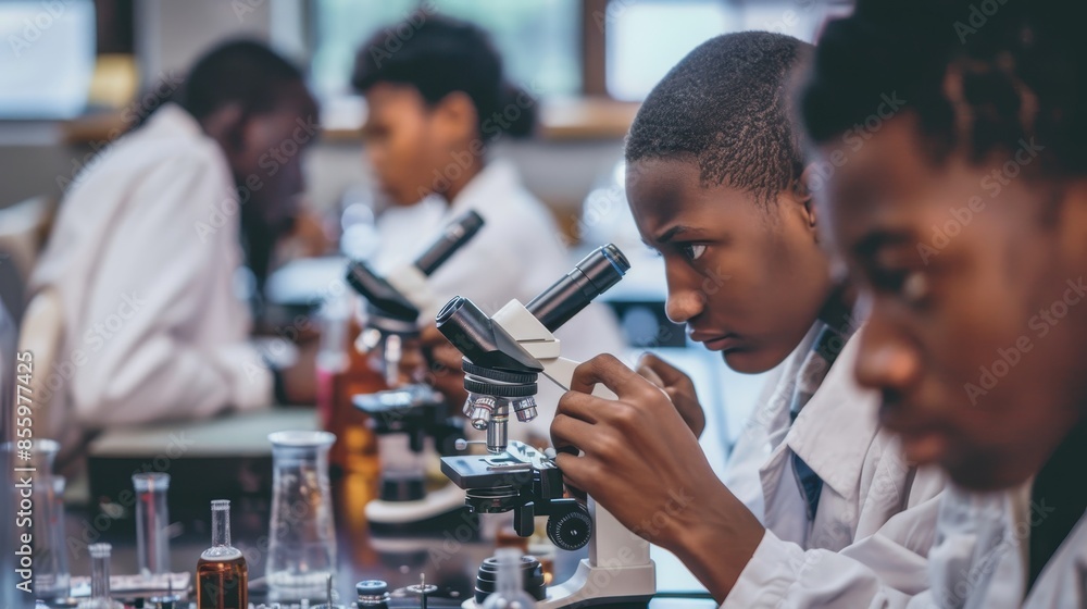 Students in a lab setting use microscopes to examine specimens Students in a lab setting use microscopes to examine specimens