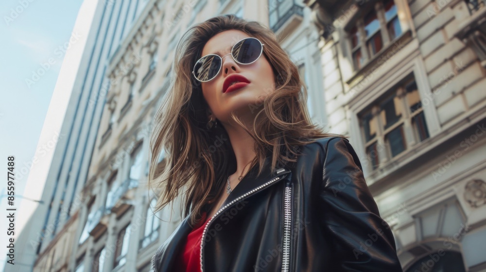 A woman wearing sunglasses and a red dress stands in front of a building A woman wearing sunglasses and a red dress stands in front of a building