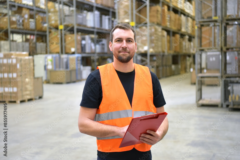 portrait of friendly warehouse worker in a forwarding agency - interior with forklift - transport and storage of goods portrait of friendly warehouse worker in a forwarding agency - interior with forklift - transport and storage of goods