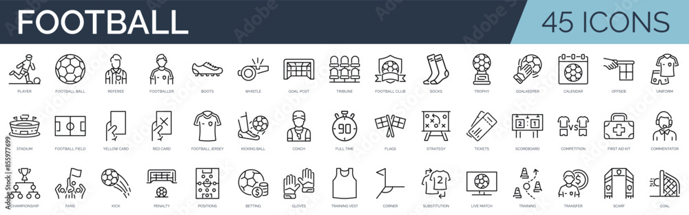 Set of 45 outline icons related to football, soccer. Linear icon collection. Editable stroke. Vector illustration Set of 45 outline icons related to football, soccer. Linear icon collection. Editable stroke. Vector illustration