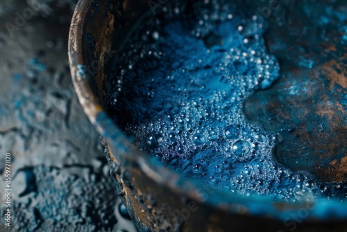 Air bubbles in Indigo water, fermentation in clay pot with Indigo plant
