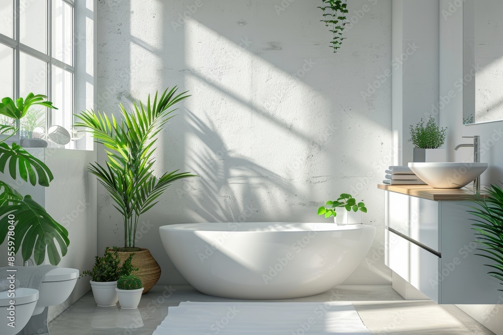 minimal scandinavian bathroom design with white tiles, bathtub, a window and with green potted plants minimal scandinavian bathroom design with white tiles, bathtub, a window and with green potted plants