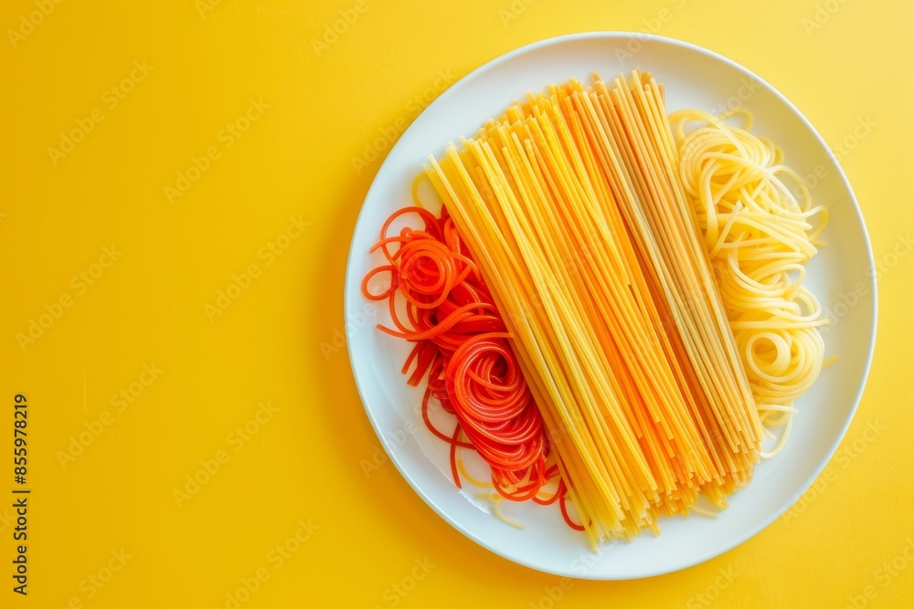 spaghetti pasta - red, orange, yellow, , served in white plate on yellow background view from above spaghetti pasta - red, orange, yellow, , served in white plate on yellow background view from above