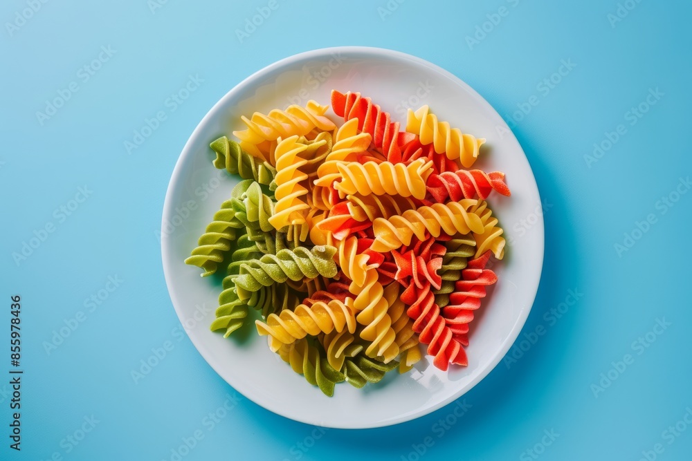minimal vibrant photo of pasta in rainbow colors served in white plate on light blue background view from above minimal vibrant photo of pasta in rainbow colors served in white plate on light blue background view from above