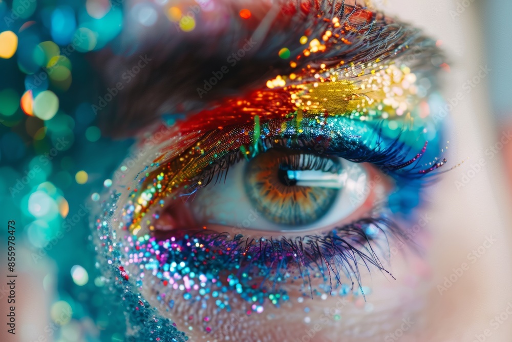 closeup up of an eye of a guy with rainbow makeup with all skin covered with makeup with glitter closeup up of an eye of a guy with rainbow makeup with all skin covered with makeup with glitter