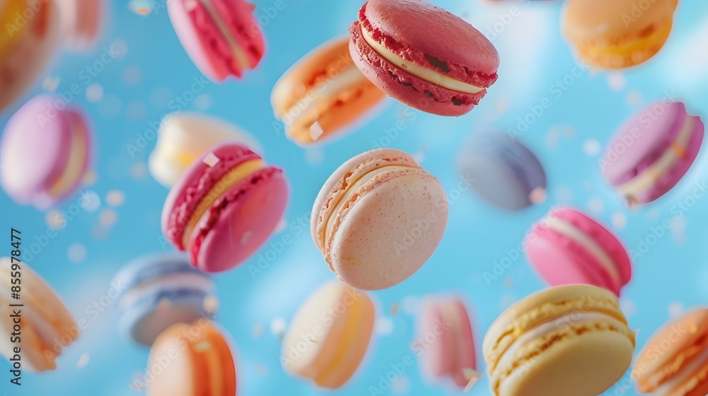 Obraz premium French macarons flying in the air among the crumbs on pink background. Levitation concept. Food wide banner with copyspace.