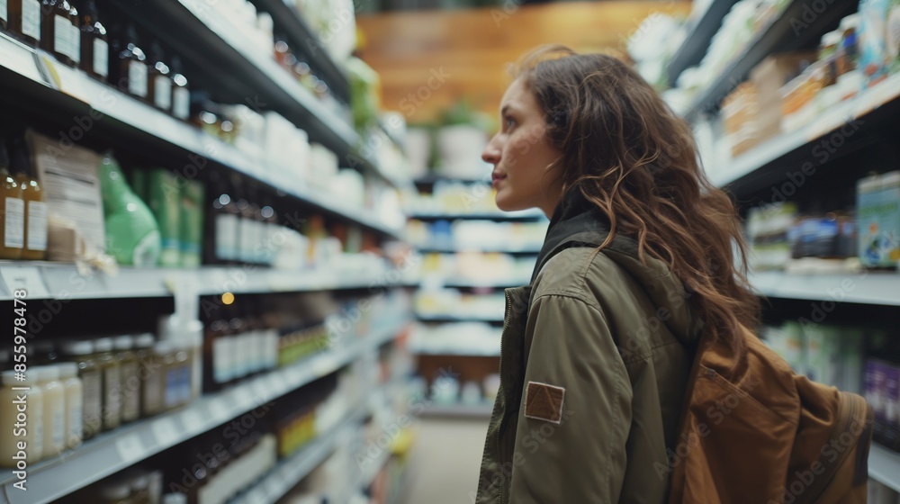 A person from behind looking at a wide selection of goods in a grocery or specialty food store aisle A person from behind looking at a wide selection of goods in a grocery or specialty food store aisle