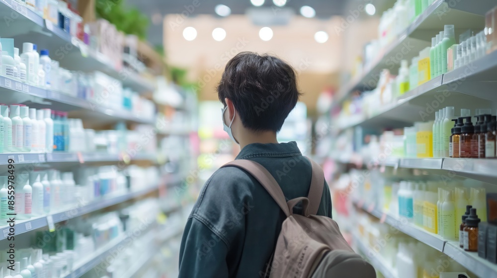 Front view of a young adult with a backpack browsing products in a well-organized pharmacy Front view of a young adult with a backpack browsing products in a well-organized pharmacy